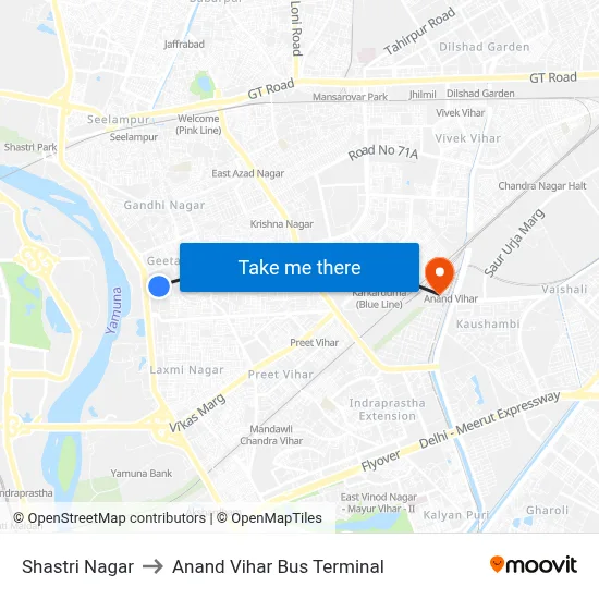 Shastri Nagar to Anand Vihar Bus Terminal map