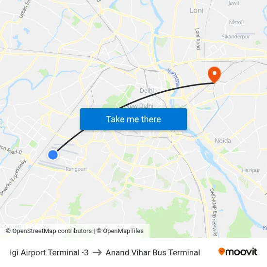 Igi Airport Terminal -3 to Anand Vihar Bus Terminal map