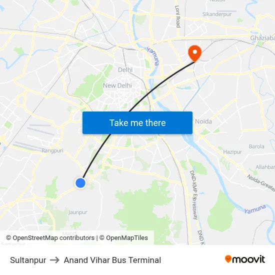 Sultanpur to Anand Vihar Bus Terminal map