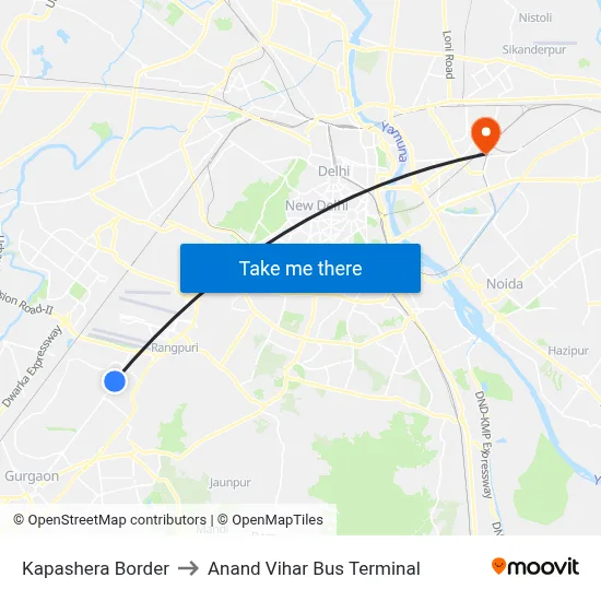 Kapashera Border to Anand Vihar Bus Terminal map