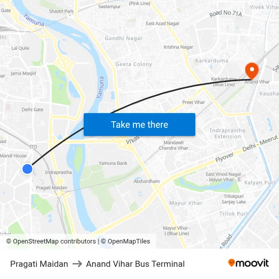 Pragati Maidan to Anand Vihar Bus Terminal map
