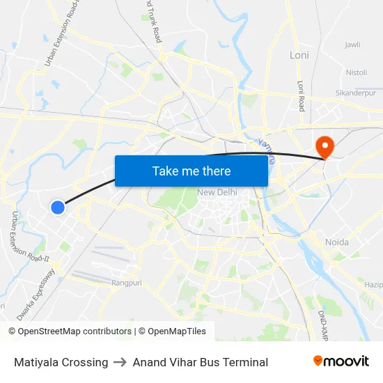 Matiyala Crossing to Anand Vihar Bus Terminal map
