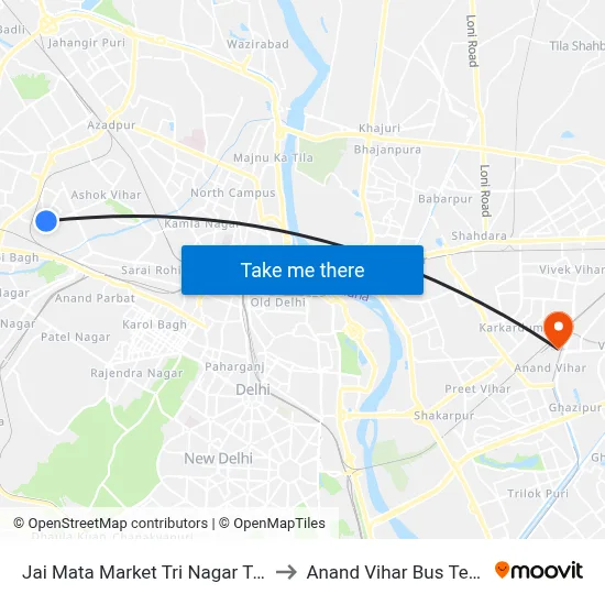 Jai Mata Market Tri Nagar Terminal to Anand Vihar Bus Terminal map