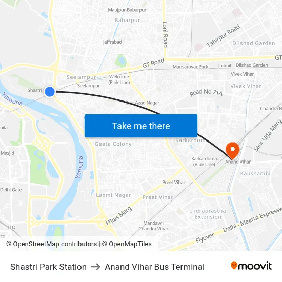 Shastri Park Station to Anand Vihar Bus Terminal map