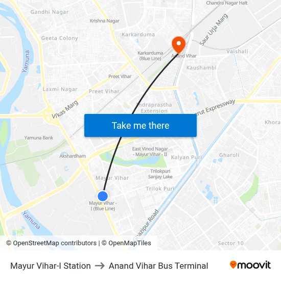 Mayur Vihar-I Station to Anand Vihar Bus Terminal map