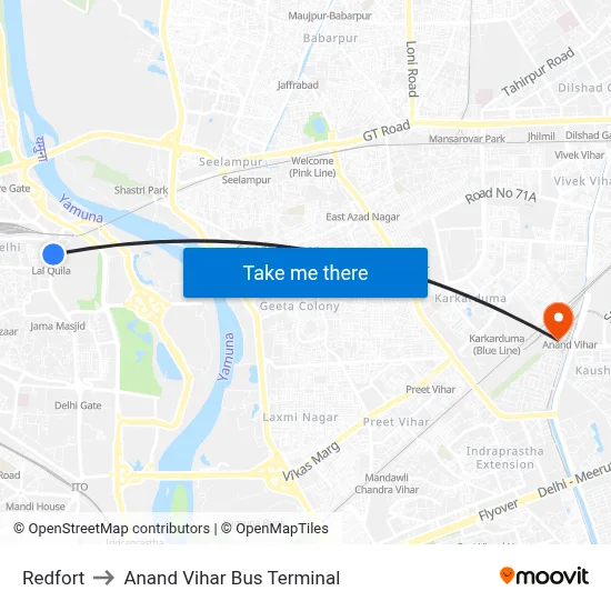 Redfort to Anand Vihar Bus Terminal map