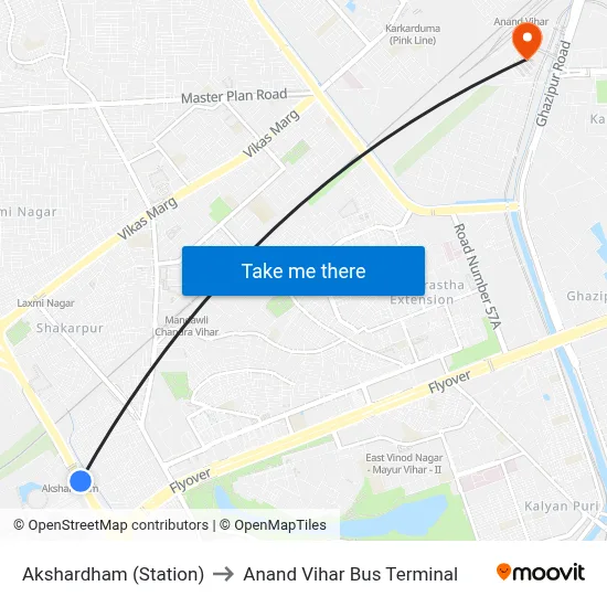 Akshardham (Station) to Anand Vihar Bus Terminal map