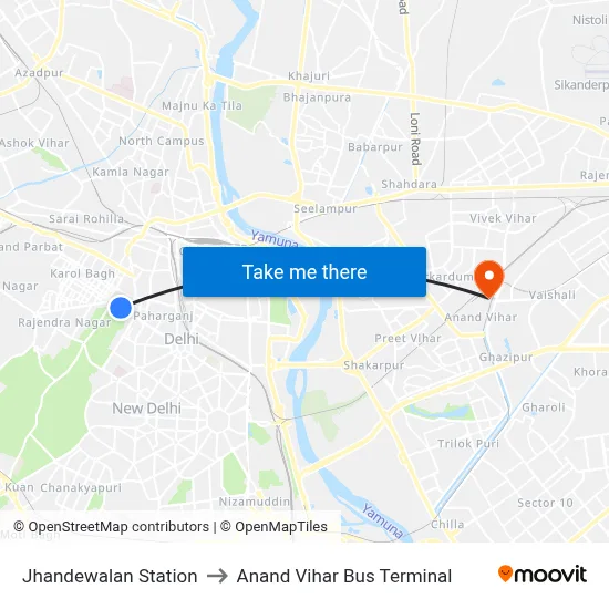 Jhandewalan Station to Anand Vihar Bus Terminal map