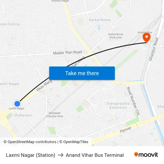 Laxmi Nagar (Station) to Anand Vihar Bus Terminal map