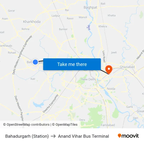 Bahadurgarh (Station) to Anand Vihar Bus Terminal map