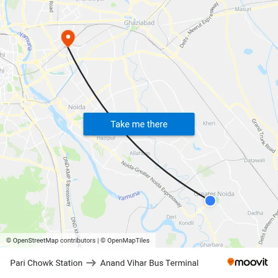 Pari Chowk Station to Anand Vihar Bus Terminal map