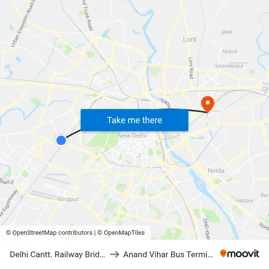 Delhi Cantt. Railway Bridge to Anand Vihar Bus Terminal map