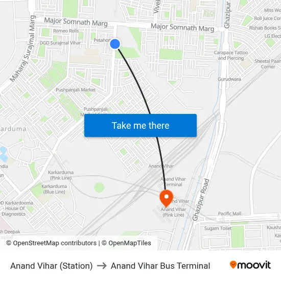 Anand Vihar (Station) to Anand Vihar Bus Terminal map