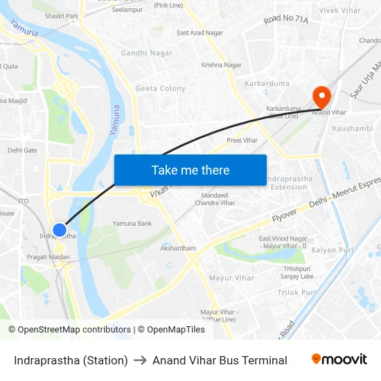 Indraprastha (Station) to Anand Vihar Bus Terminal map