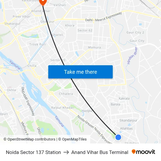 Noida Sector 137 Station to Anand Vihar Bus Terminal map