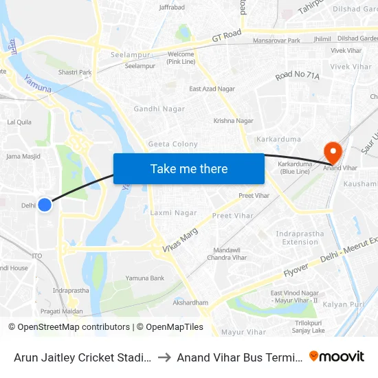 Arun Jaitley Cricket Stadium to Anand Vihar Bus Terminal map