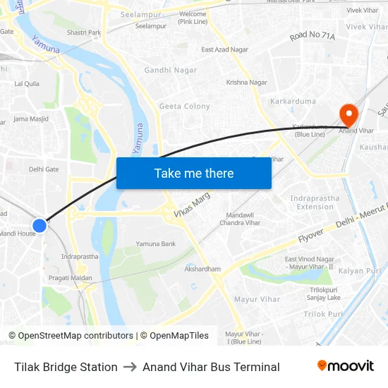 Tilak Bridge Station to Anand Vihar Bus Terminal map