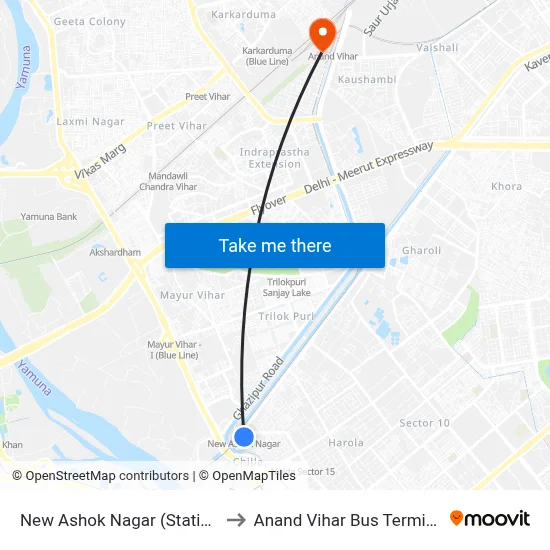 New Ashok Nagar (Station) to Anand Vihar Bus Terminal map
