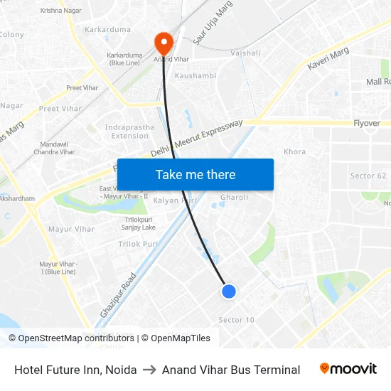 Hotel Future Inn, Noida to Anand Vihar Bus Terminal map