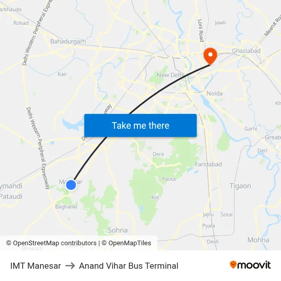 IMT Manesar to Anand Vihar Bus Terminal map