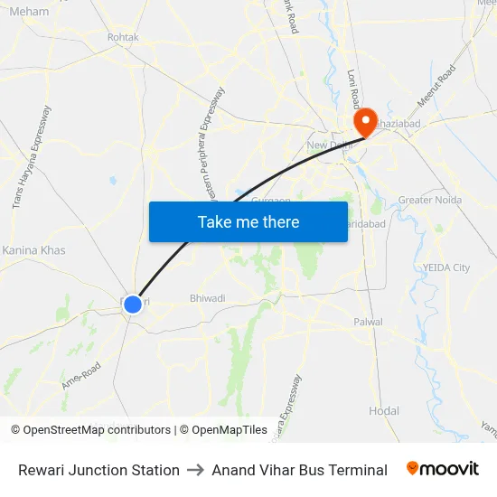 Rewari Junction Station to Anand Vihar Bus Terminal map