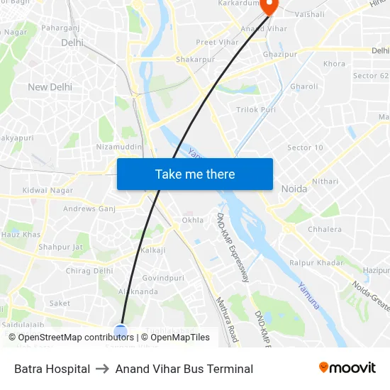 Batra Hospital to Anand Vihar Bus Terminal map