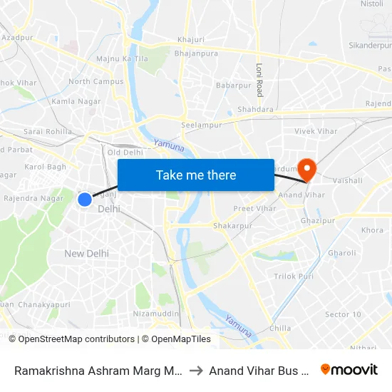 Ramakrishna Ashram Marg Metro Station to Anand Vihar Bus Terminal map