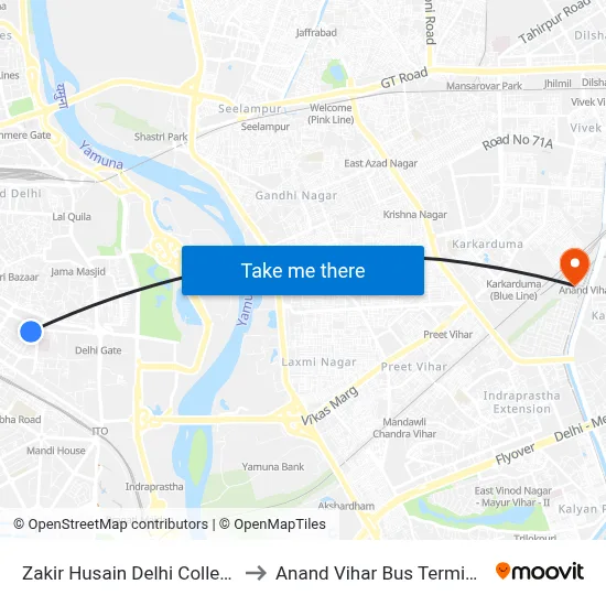 Zakir Husain Delhi College to Anand Vihar Bus Terminal map
