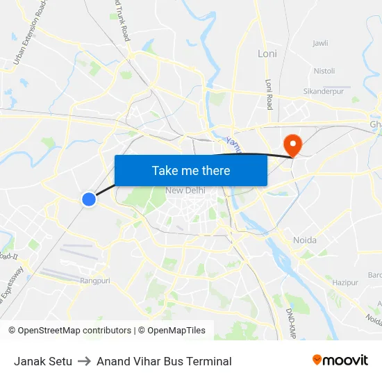 Janak Setu to Anand Vihar Bus Terminal map
