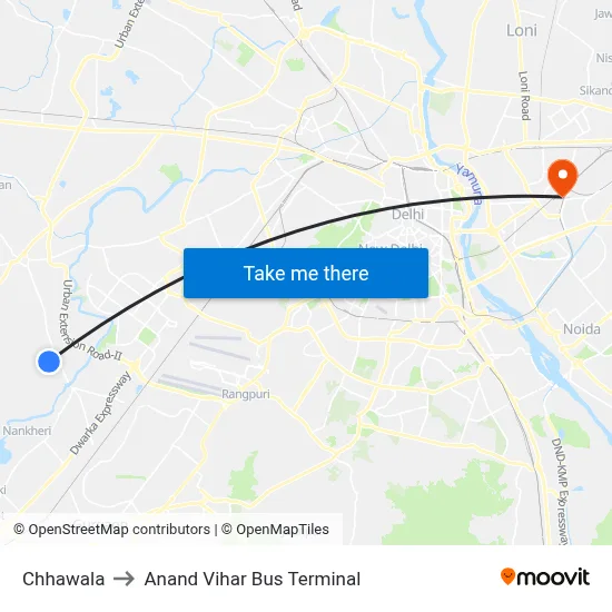 Chhawala to Anand Vihar Bus Terminal map