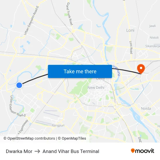 Dwarka Mor to Anand Vihar Bus Terminal map