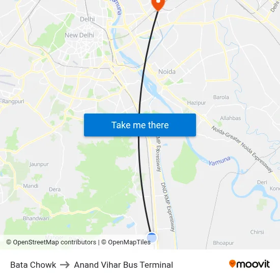 Bata Chowk to Anand Vihar Bus Terminal map