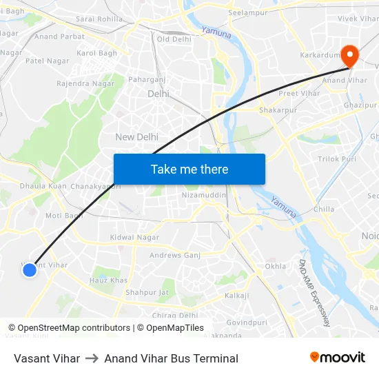 Vasant Vihar to Anand Vihar Bus Terminal map