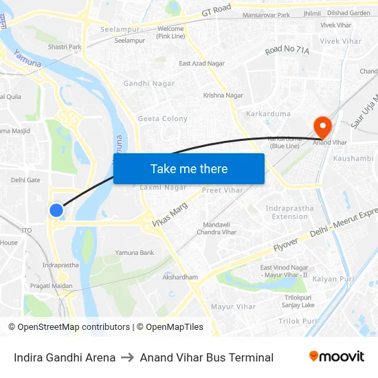 Indira Gandhi Arena to Anand Vihar Bus Terminal map