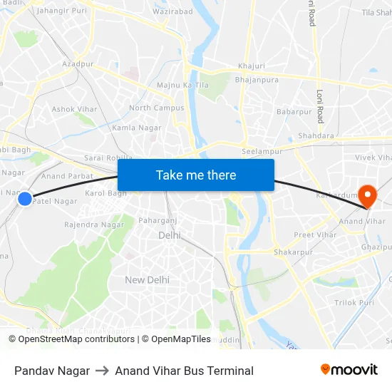 Pandav Nagar to Anand Vihar Bus Terminal map
