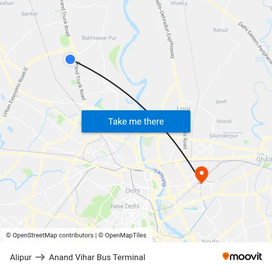 Alipur to Anand Vihar Bus Terminal map