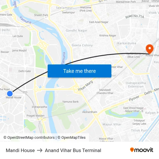 Mandi House to Anand Vihar Bus Terminal map