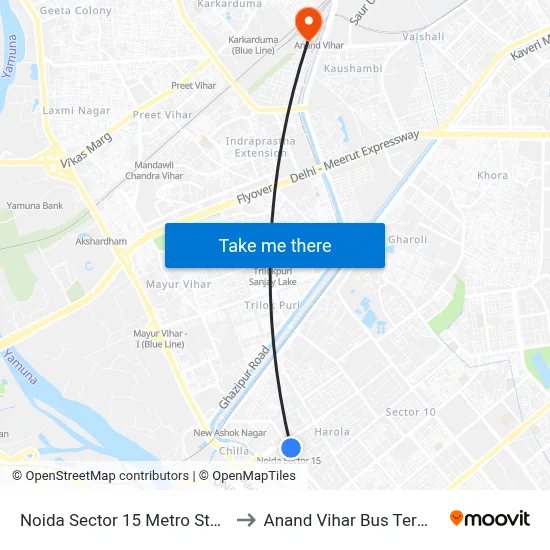 Noida Sector 15 Metro Station to Anand Vihar Bus Terminal map