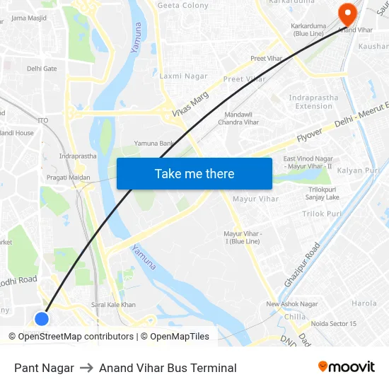 Pant Nagar to Anand Vihar Bus Terminal map