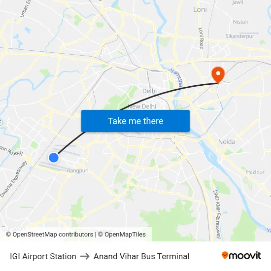 IGI Airport Station to Anand Vihar Bus Terminal map