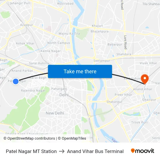 Patel Nagar MT Station to Anand Vihar Bus Terminal map