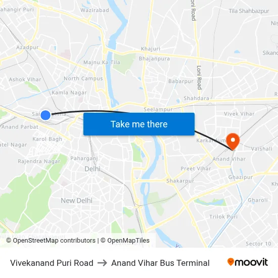 Vivekanand Puri Road to Anand Vihar Bus Terminal map
