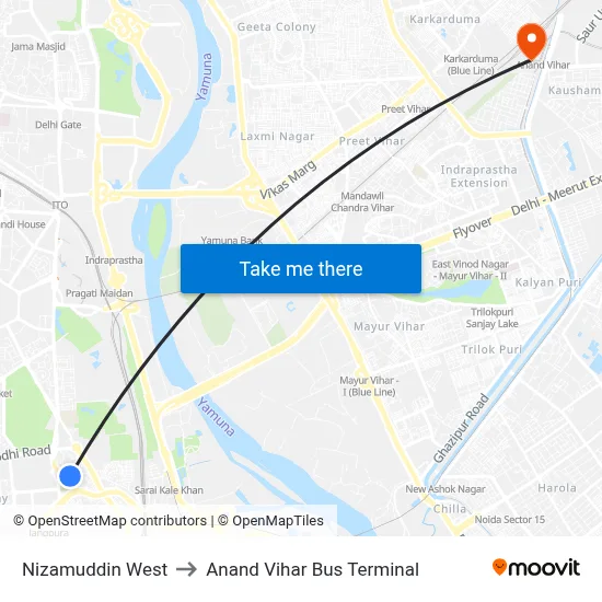 Nizamuddin West to Anand Vihar Bus Terminal map