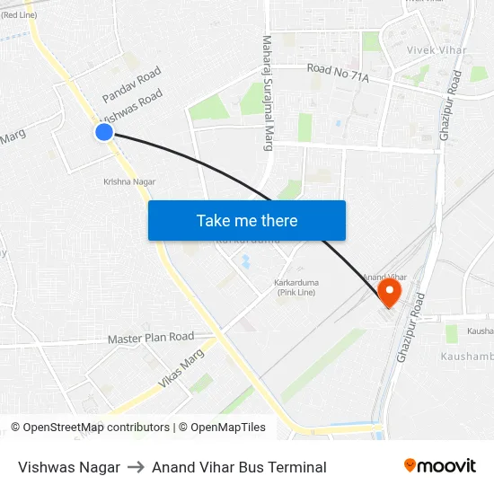 Vishwas Nagar to Anand Vihar Bus Terminal map