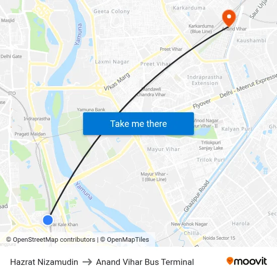 Hazrat Nizamudin to Anand Vihar Bus Terminal map