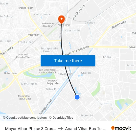 Mayur Vihar Phase 3 Crossing to Anand Vihar Bus Terminal map
