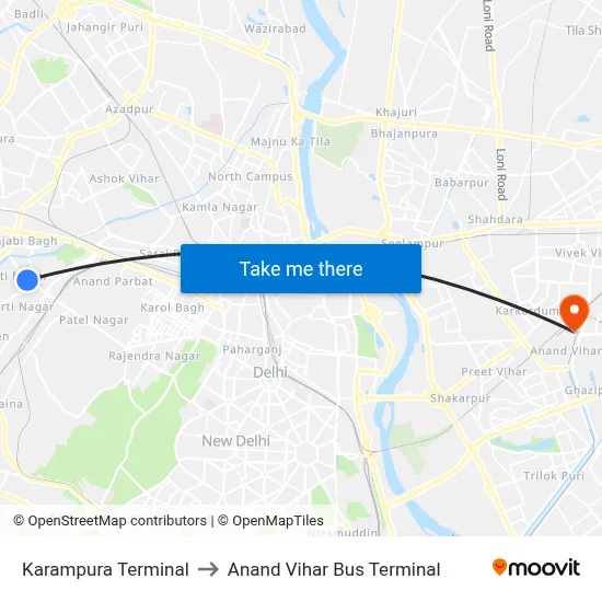 Karampura Terminal to Anand Vihar Bus Terminal map
