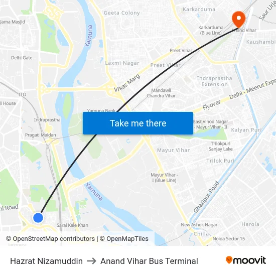 Hazrat Nizamuddin to Anand Vihar Bus Terminal map