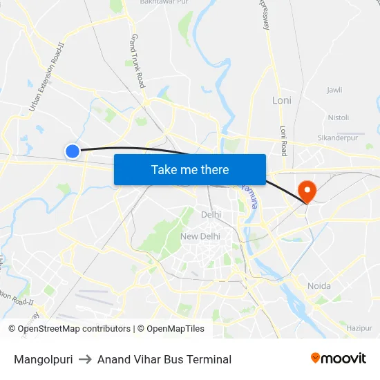 Mangolpuri to Anand Vihar Bus Terminal map