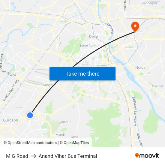 M G Road to Anand Vihar Bus Terminal map